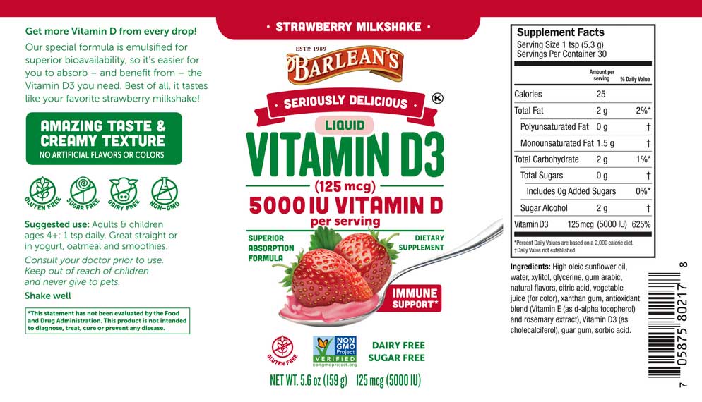 Barlean's Organic Oils Seriously Delicious Liquid Vitamin D3 Strawberry Milkshake