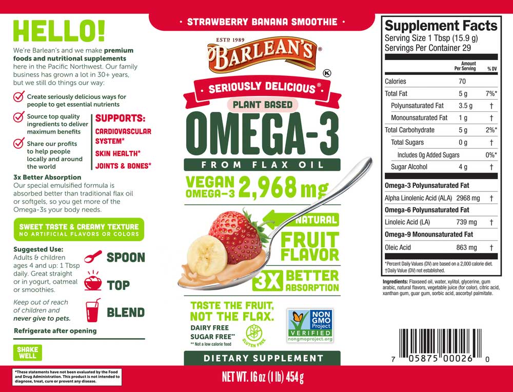 Barlean's Organic Oils Seriously Delicious™ Omega-3 Flax Strawberry Banana Smoothie