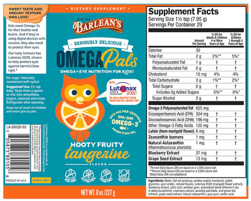 Barlean's Organic Oils Seriously Delicious Omega Pals Hooty Fruity Tangerine Fish Oil + Eye Nutrition