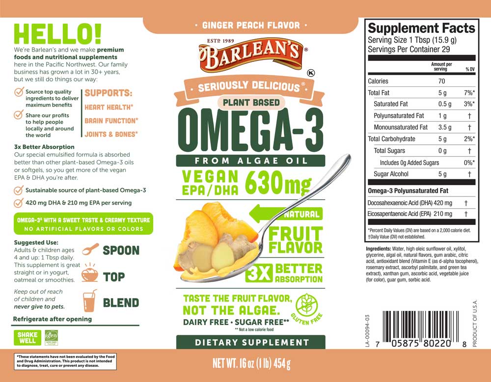 Barlean's Organic Oils Seriuosly Delicious Omega-3 from Algae Oil Ginger Peach