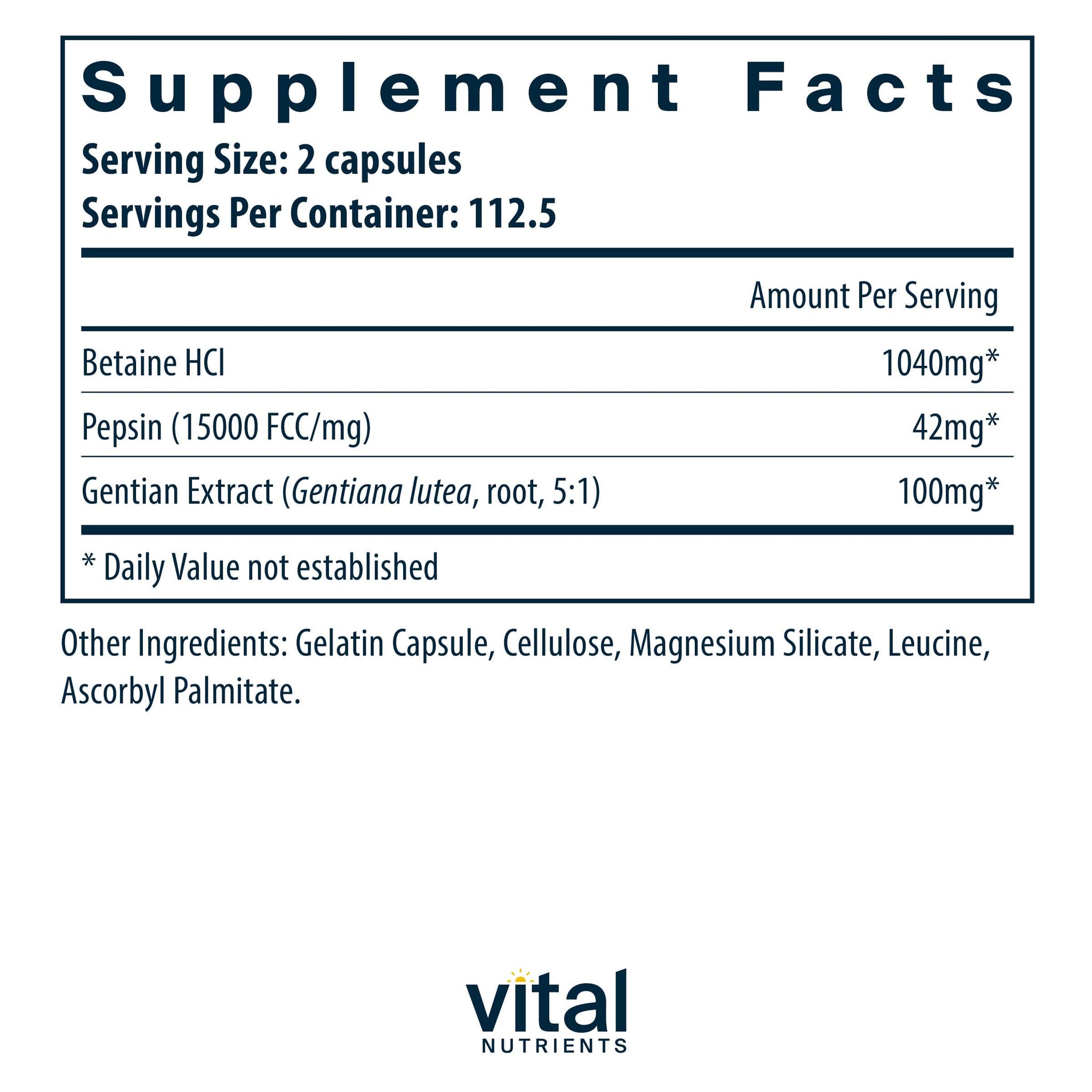 Vital Nutrients Betaine HCl Pepsin Gentian Root Extract